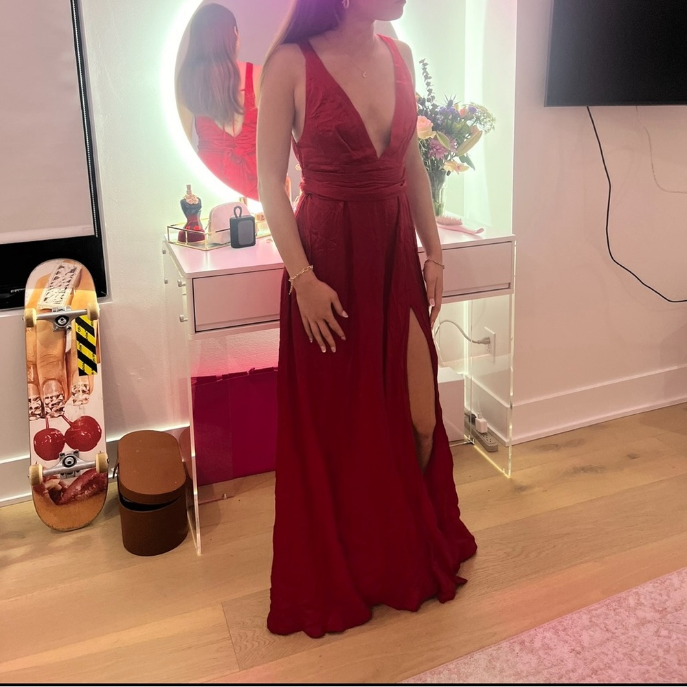 Free People Long leg slit Red silky dress